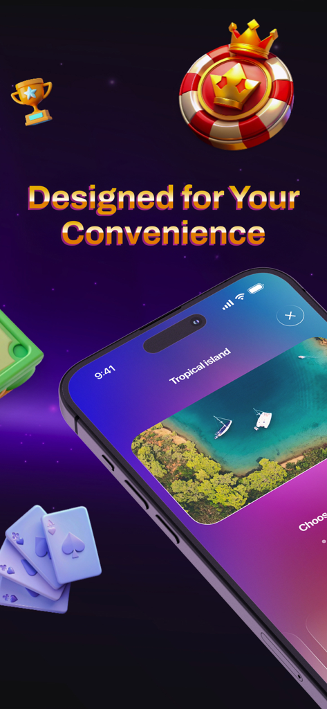 Smartphone-Bildschirm mit der Real Plinko Online App mit einem tropischen Inselthema und Casino-Elementen