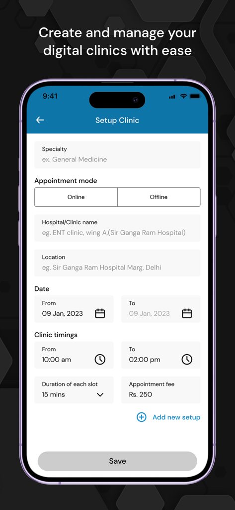Einrichtungsbildschirm einer Klinik in der Raxa-Medizin-App mit Optionen für Spezialisierung und Terminmodus.