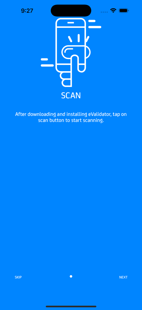 eValidator - eValidator app onboarding screen with scan instructions