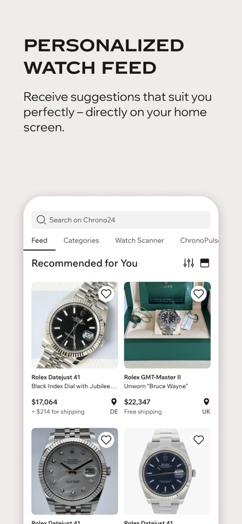 Chrono24 app interface showing a personalized luxury watch feed with Rolex recommendations