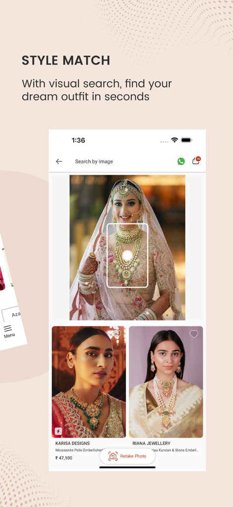 Aza Fashions Designer Clothing - Visual search feature in the Aza Fashions app showing luxury South Asian designer jewelry and bridal wear results