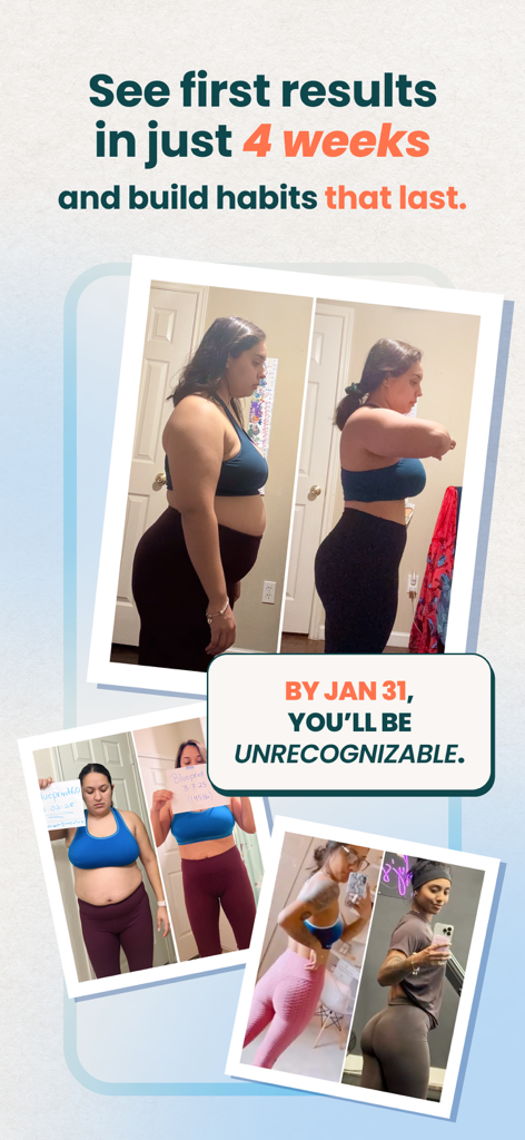 Women showing weight loss transformation and fitness results in four weeks