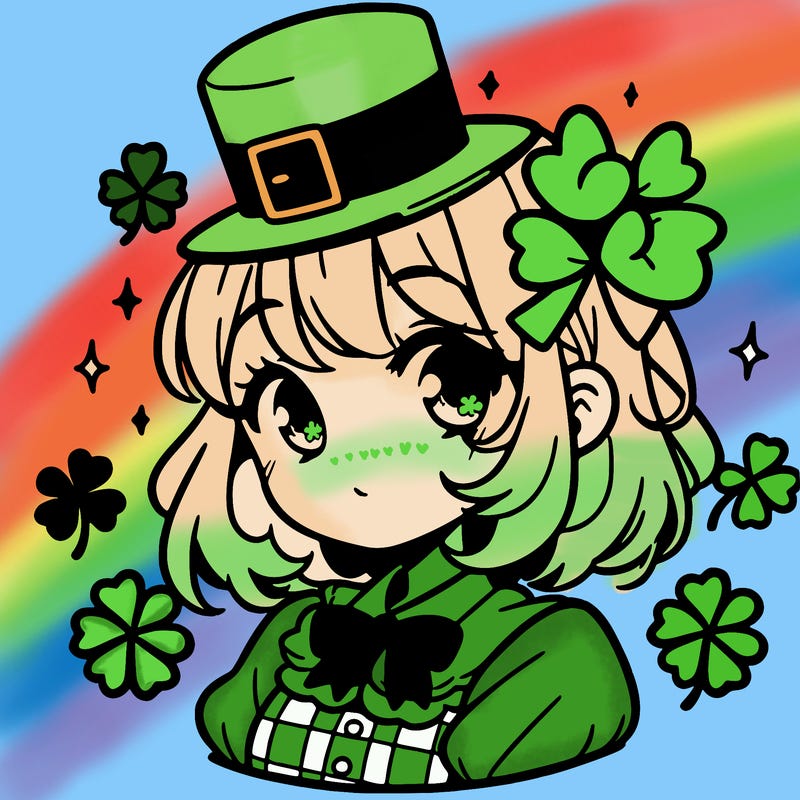 a manga-style girl with clovers around her, a little hat in her hair, like it's saint patrick's day