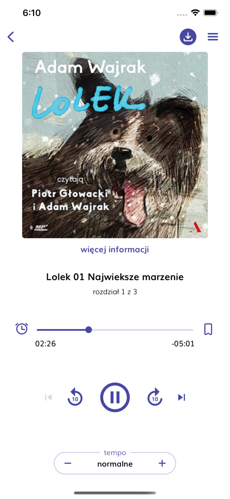 Interface do aplicativo Publio reproduzindo um audiolivro polonês intitulado Lolek por Adam Wajrak