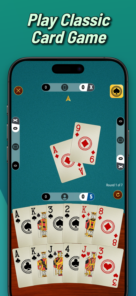Batak Online trick taking game - Aplicativo móvel Batak Online mostrando uma partida clássica de cartas em uma tela de smartphone.
