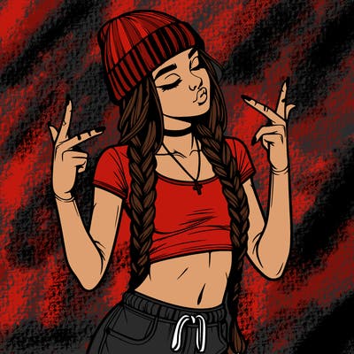 realistic teenage girl with braids and a beanie and crop top doing 🫶🏼