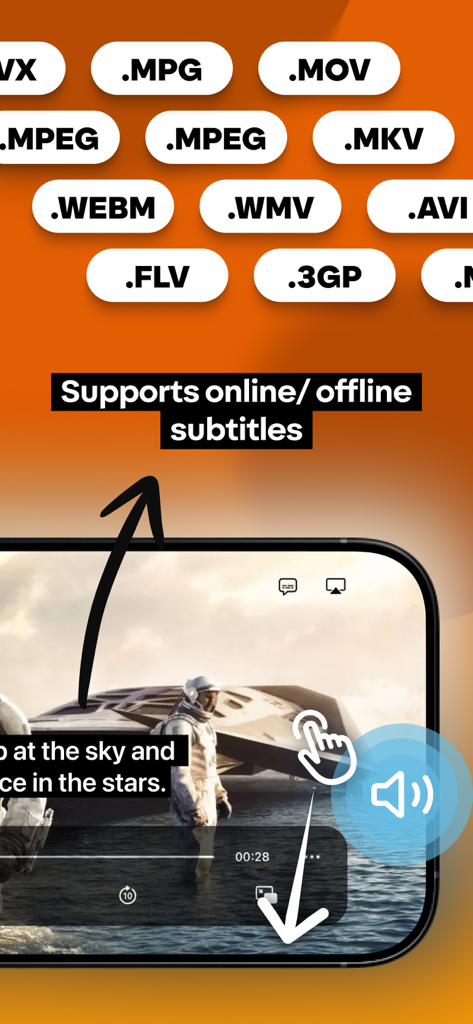 Video Media Player ・All Format - 자막이 있는 비디오 재생 중인 iPhone 화면과 MKV 및 AVI와 같은 지원 파일 형식 목록 표시