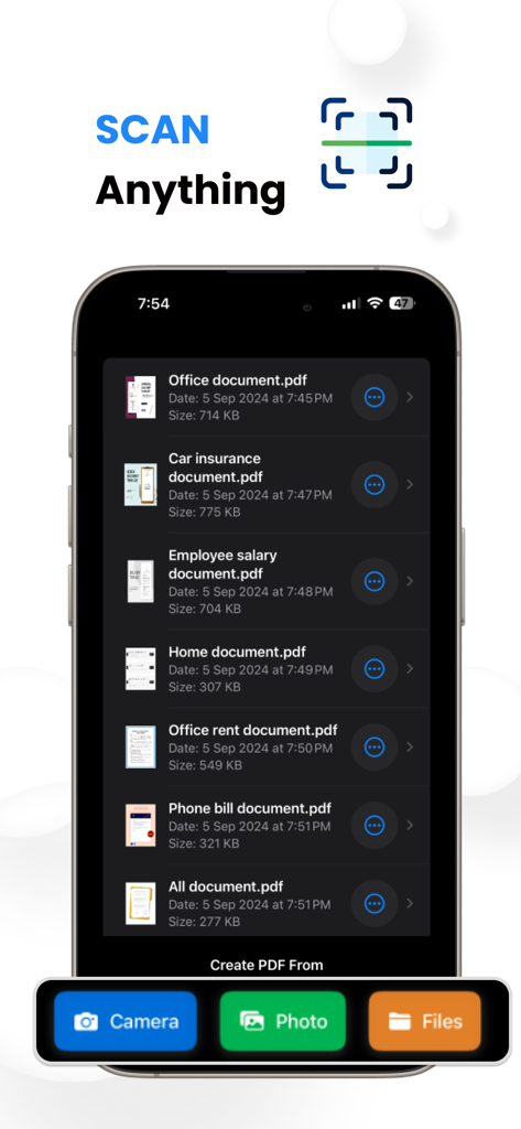 Photo To PDF Convertor Pro: AI - App interface displaying a list of scanned PDF documents and scanning options for camera and files