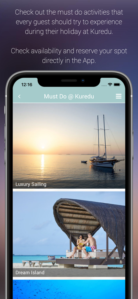 Kuredu Maldives - クレドゥ・モルディブアプリには、豪華なセーリングや夢のアイランドエクスカーションなどの必見アクティビティのリストが表示されています。