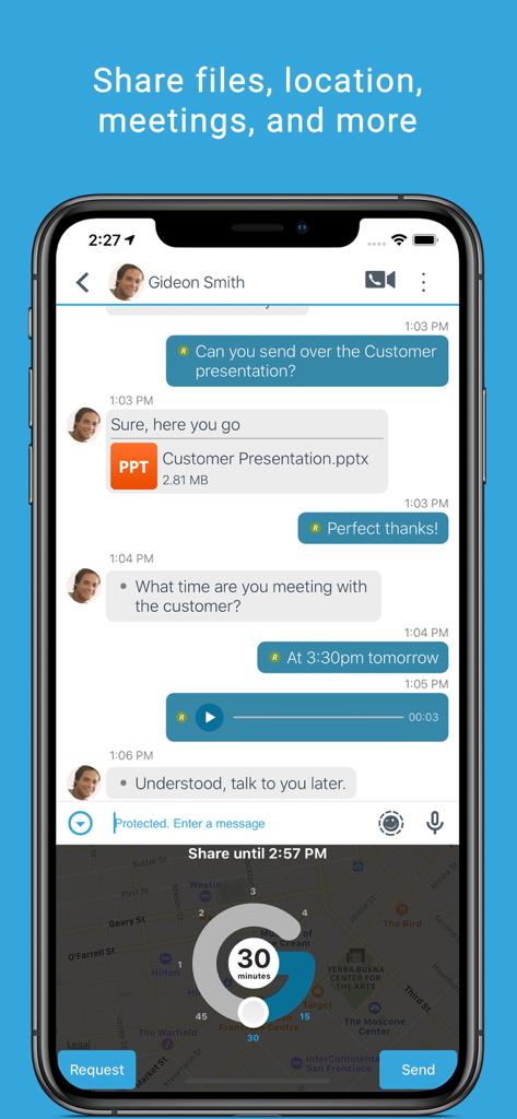 BBM Enterprise - BBM Enterprise secure chat interface showing file sharing and real-time location tracking