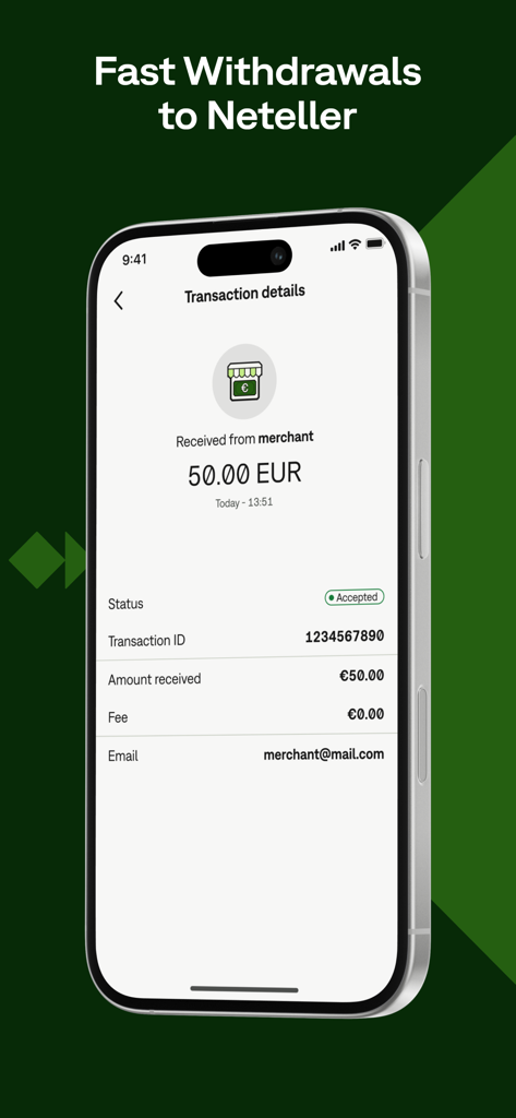 Neteller - Money Transfer - 出金の取引詳細が正常に完了したことを示すNetellerアプリのスクリーンショット