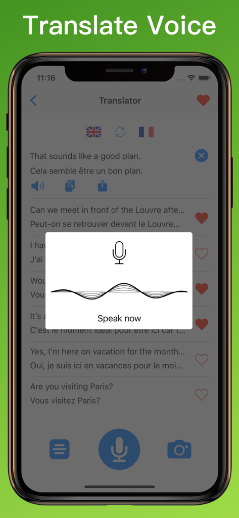 IPhone screen displaying the voice translation feature of the French Translator Dictionary app with a microphone icon and Speak Now prompt.