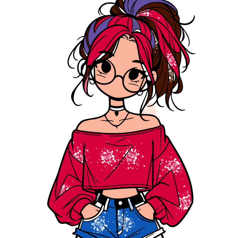 girl with a messy ponytail glasses a baggy crop top and jean shorts