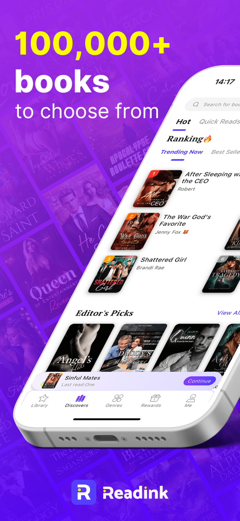 Readink – Stories & Books - Readink app interface showing a discovery feed with trending romance stories and editor picks