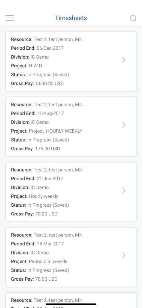 Workforce Logiq Mobile app timesheets screen showing a list of pending resource work logs with gross pay and project status