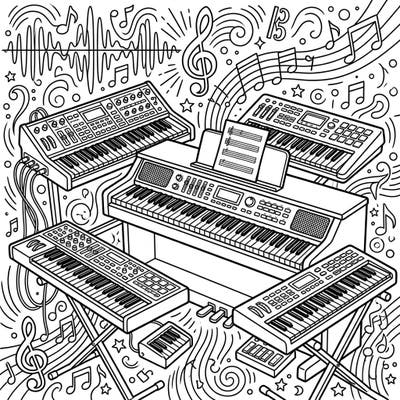 Dive into the world of electronic music with this intricate coloring template featuring a collection of digital pianos and keyboards. Unleash your inner musician and artist by bringing these modern instruments to life with a splash of color.