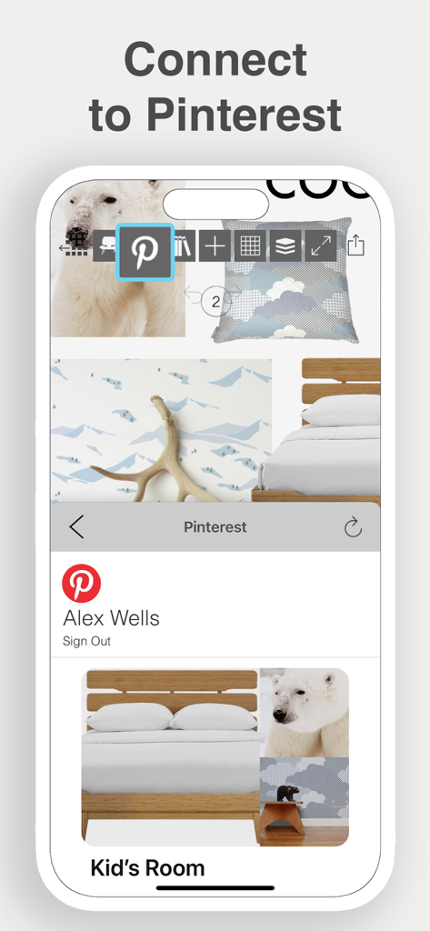 Morpholio Board - Moodboard - Interface showing the connection between Pinterest and the Morpholio Board app to create interior design moodboards