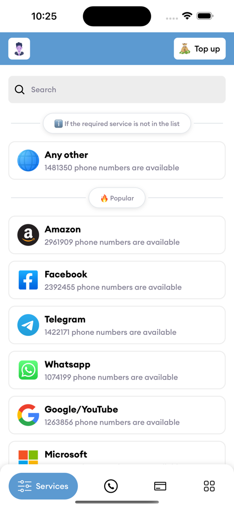 Mobile app interface displaying available virtual phone numbers for services like Amazon Facebook and WhatsApp