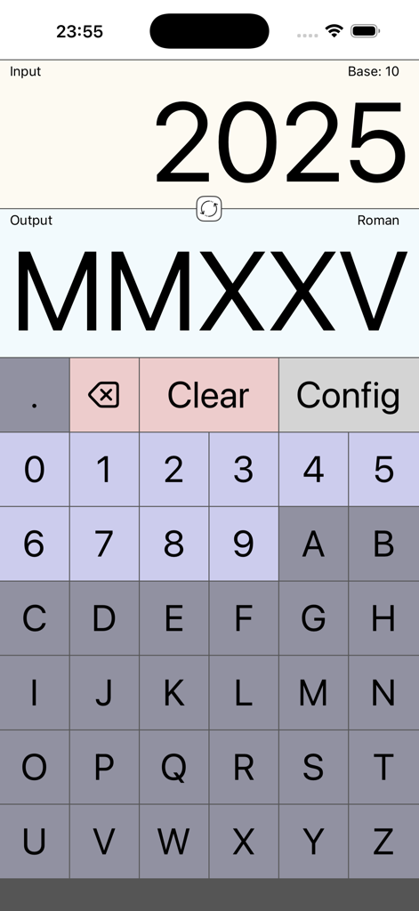 Uno screenshot dell'interfaccia dell'app Numeral che converte il numero 2025 nel numero romano MMXXV
