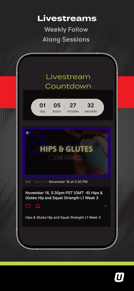 MoveU - MoveU app interface displaying a countdown for an upcoming live hips and glutes session