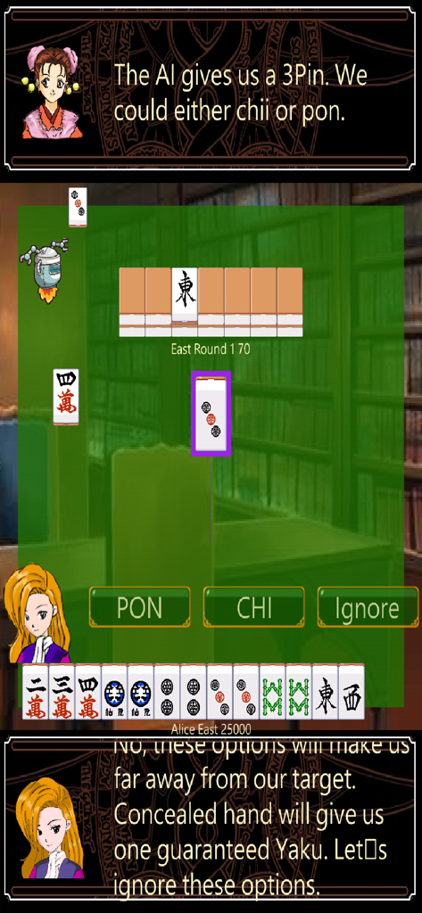 Mahjong School - Manga style characters providing an interactive Riichi Mahjong tutorial within the Mahjong School app.