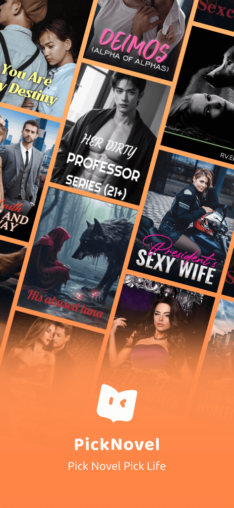 PickNovel - Novels & Stories - Pantalla de la aplicación PickNovel mostrando varias portadas de novelas románticas y paranormales, incluyendo temas de hombres lobo y mafia.