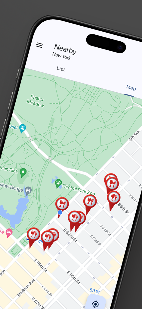 Restaurant Locator Anywhere - Map view showing restaurant pins in New York City on an iPhone