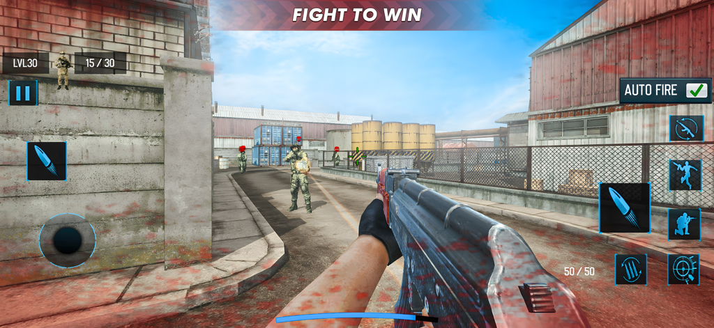 FPS Shooting Strike Game - First person perspective of a rifle in an industrial warzone during a tactical shooting mission in FPS Shooting Strike Game.