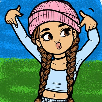 realistic teenage girl with braids and a beanie and crop top doing 🫶🏼
