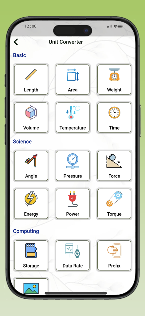 All Maths Formulas app - Interface of the All Maths Formulas app showing unit converter categories for basic science and computing measurements