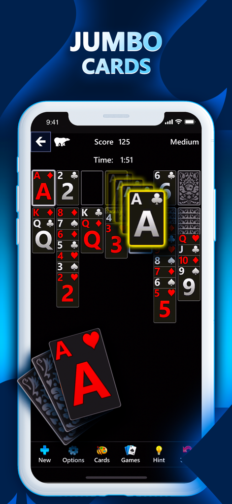 Jogabilidade do Microsoft Solitaire Collection com cartas gigantes (jumbo) para melhor visibilidade