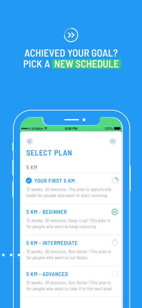 Start 2 Run - Start 2 Run app screen showing a list of 5K training plans from beginner to advanced levels
