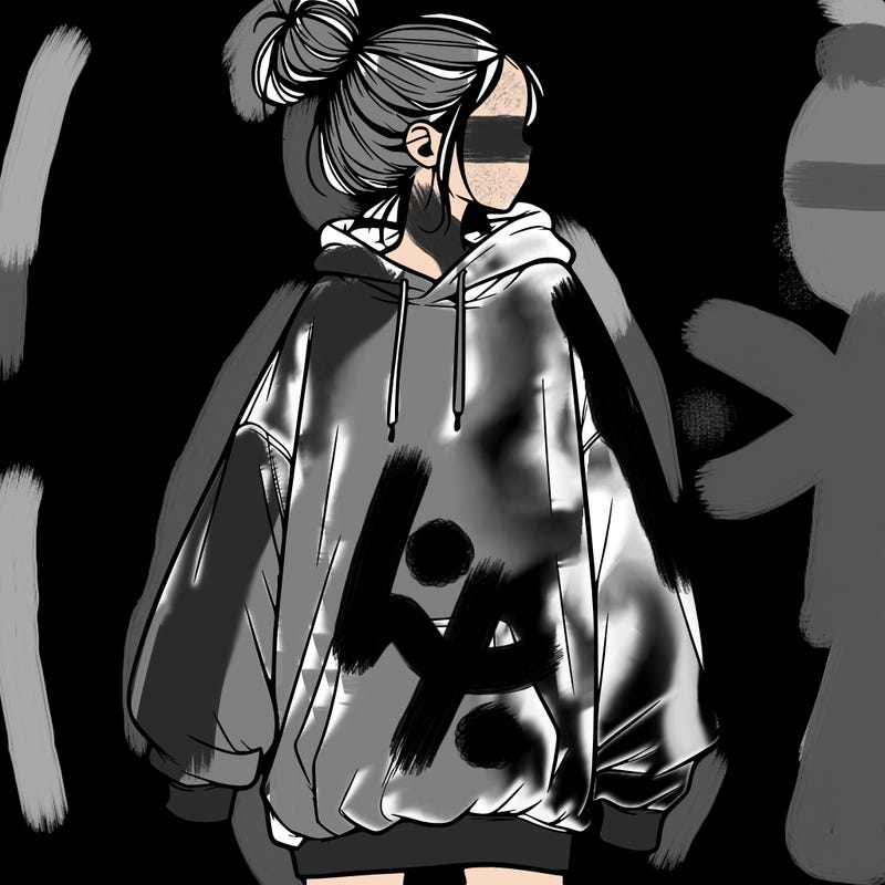 realistic girl with a oversized sweatshirt on and a bun