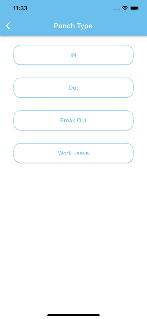 LenvoHR - LenvoHR employee self-service app screen showing punch type options for In Out Break Out and Work Leave