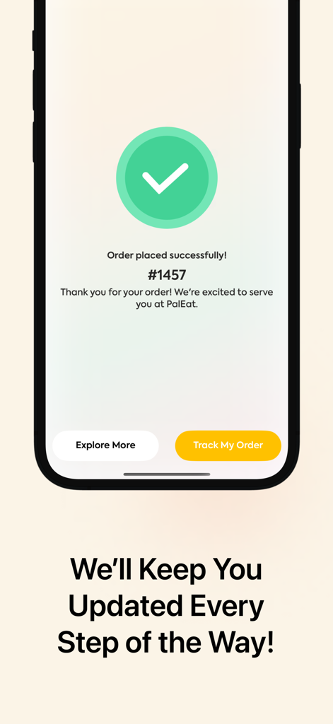 PalEat app confirmation screen showing a successful order with a track my order button.