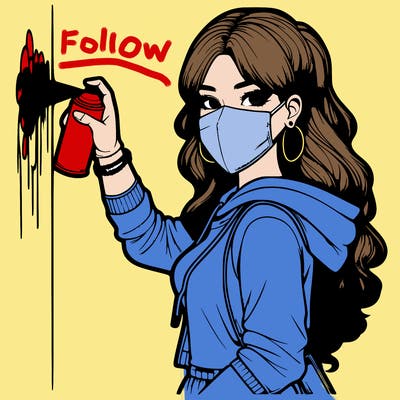 realistic girl with mask spray painting a wall
