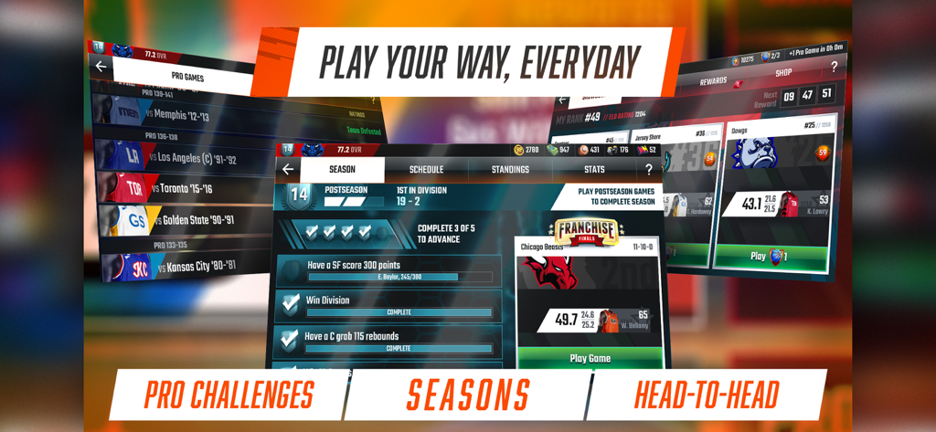Interface showcasing the Pro Challenges Seasons and Head-to-Head game modes in Franchise Basketball Pro GM