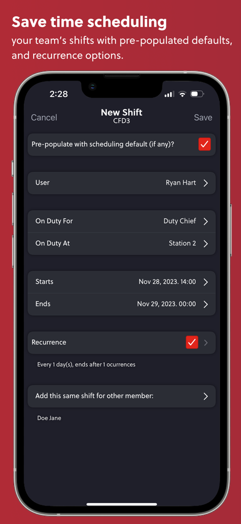 IamResponding (IaR) - IamResponding mobile app screen showing a new shift scheduling interface for emergency responders