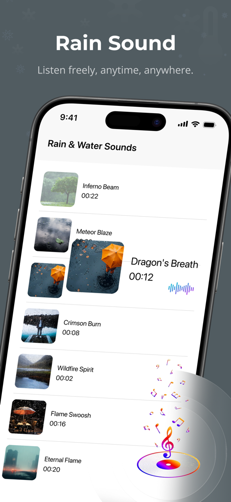 室温アプリの雨と自然音ライブラリスクリーン。