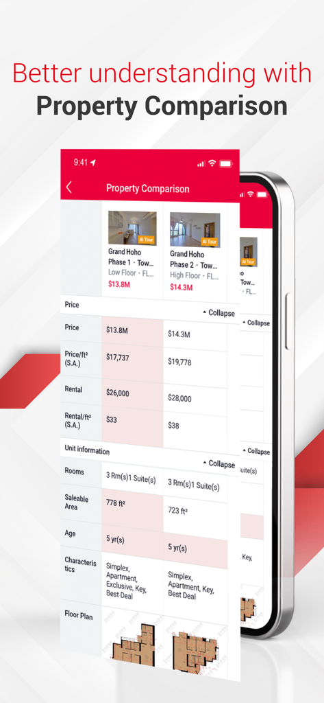 Centaline Property app interface comparing two real estate listings in Hong Kong