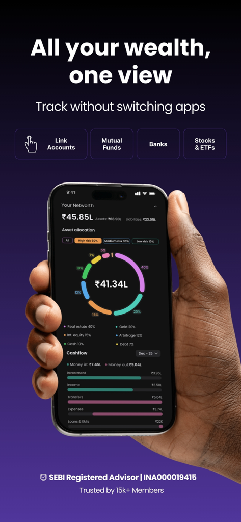 Novelty Wealth: Money Planner - Novelty Wealth mobile app dashboard showing a net worth summary and asset allocation pie chart