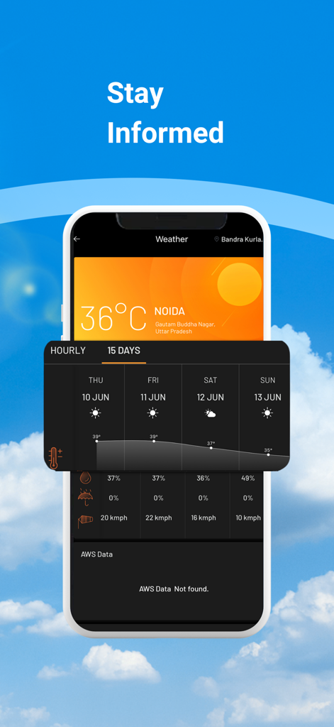 Mobile screen displaying 15 day weather forecast for Noida in the Skymet Weather app