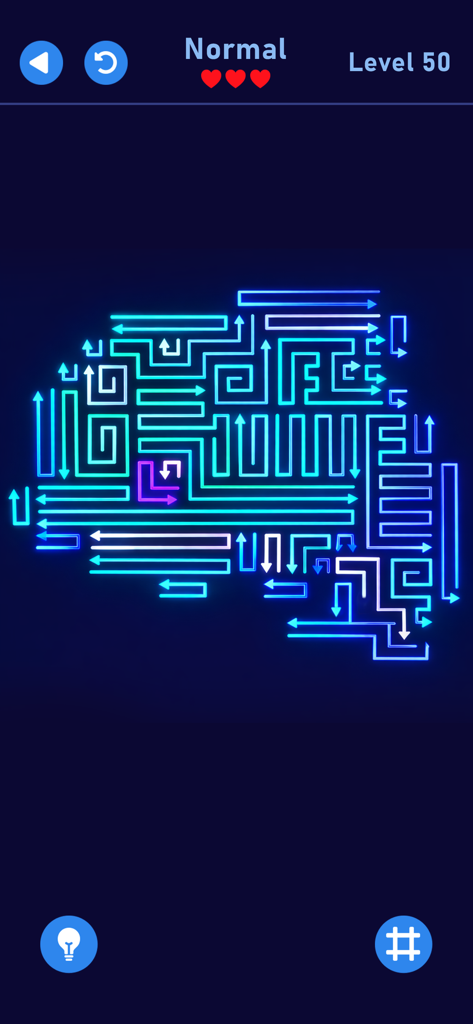 Arrow World - Puzzle Out Game - Captura de pantalla del juego Arrow World mostrando un complejo laberinto de flechas de neón brillantes sobre un fondo oscuro