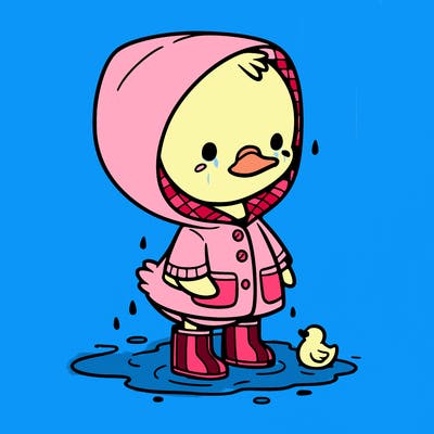 baby duck in a rain coat and boots, in a puddle while it’s raining