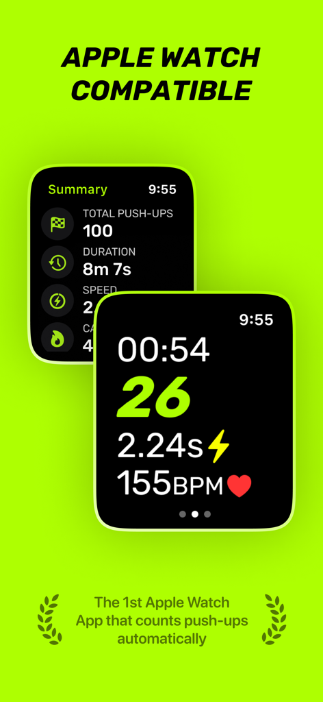 Push Up Counter & Tracker - Apple Watch interface showing automatic push-up counting and heart rate tracking in the Puuush app