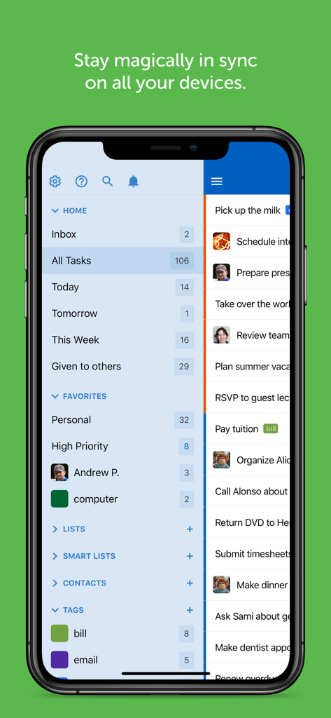 Remember The Milk: To-Do List - Remember The Milk app interface on an iPhone displaying task categories and a to-do list.