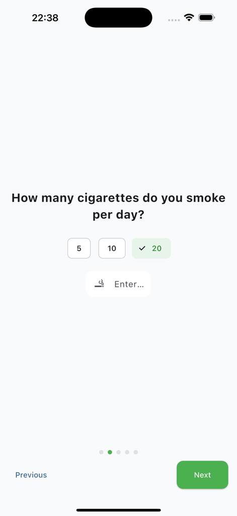 Quit Smoking Counter app onboarding screen asking the user how many cigarettes they smoke per day with options for five ten and twenty.
