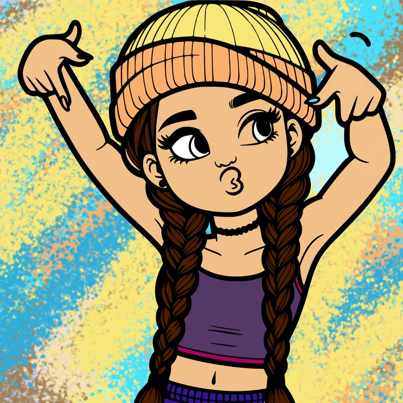 realistic teenage girl with braids and a beanie and crop top doing 🫶🏼