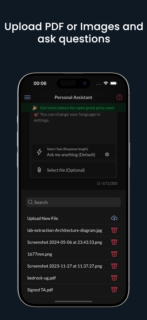 ProMind app screen showing how to upload PDF and images to interact with an AI personal assistant.