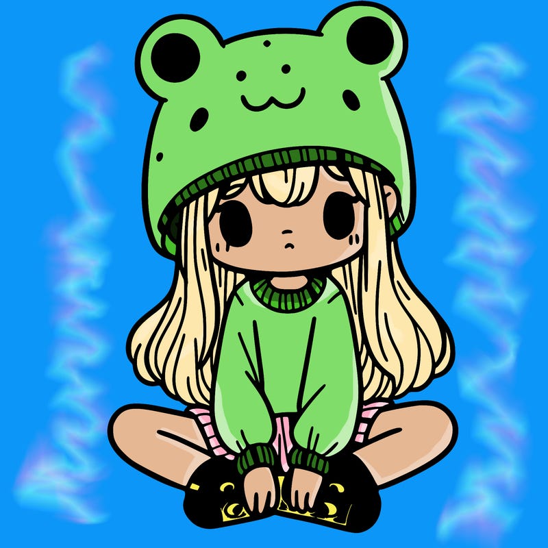 a girl wearing a frog hat and some frog socks